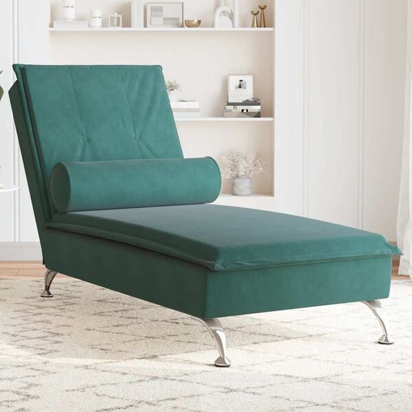 vidaXL Chaise longue de massage avec traversin vert fonc&eacute; velours