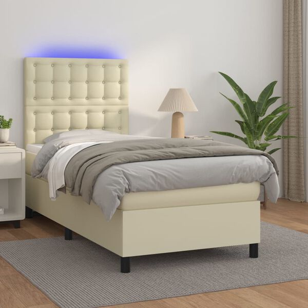 vidaXL Sommier &agrave; lattes de lit avec matelas et LED Cr&egrave;me 90x190 cm