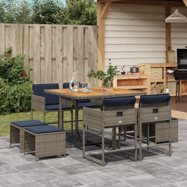 vidaXL Ensemble &agrave; manger de jardin 9 pcs coussins gris r&eacute;sine tress&eacute;e