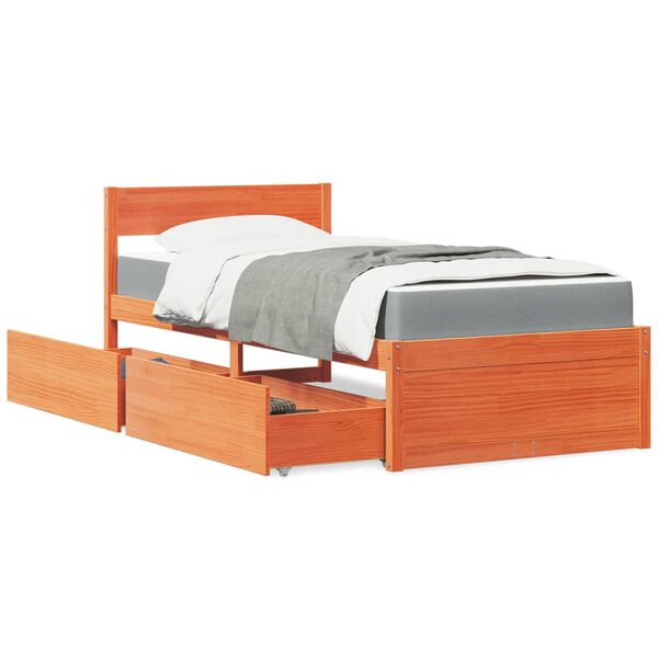 vidaXL Lit avec tiroirs/matelas cire marron 100x200 cm bois massif pin