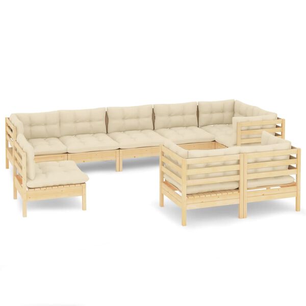 vidaXL Salon de jardin 9 pcs avec coussins cr&egrave;me bois de pin massif