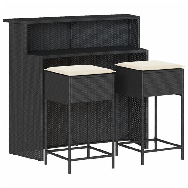 vidaXL Ensemble de bar de jardin 3 pcs avec coussins noir poly rotin