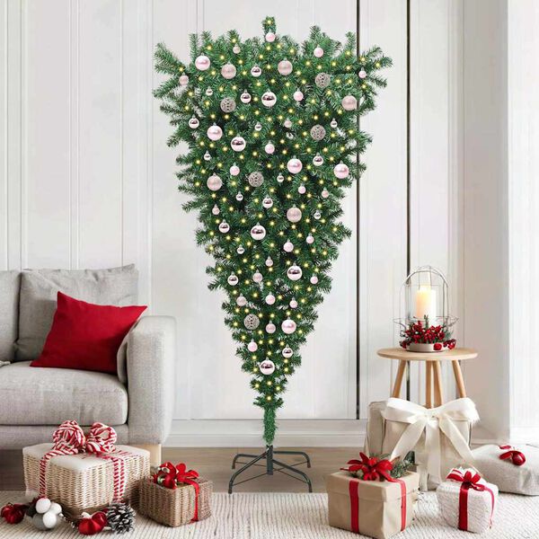 vidaXL Arbre de No&euml;l artificiel pr&eacute;-&eacute;clair&eacute; &agrave; l'envers avec ensemble de boules