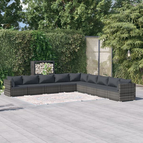 vidaXL Salon de jardin 9 pcs avec coussins R&eacute;sine tress&eacute;e Gris