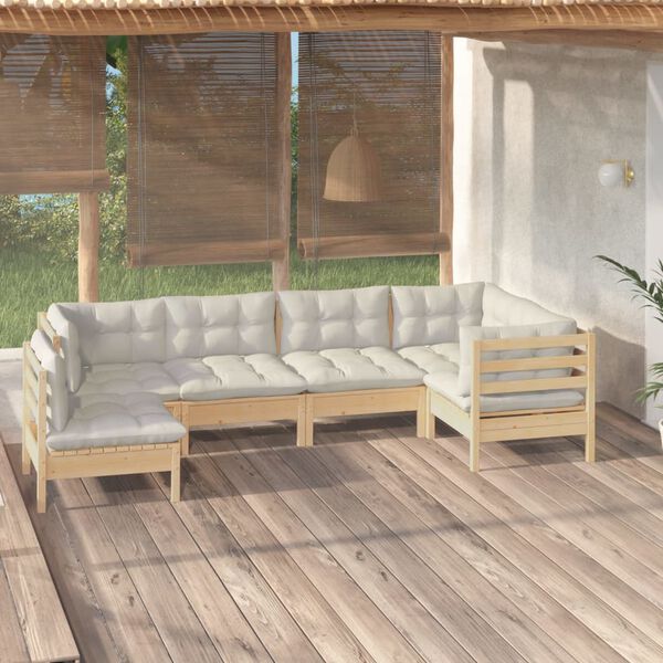 vidaXL Salon de jardin 6 pcs avec coussins cr&egrave;me bois de pin