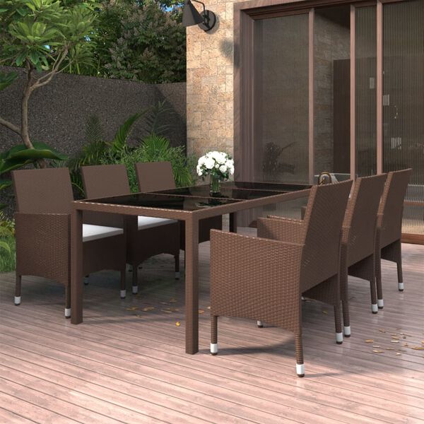 vidaXL Ensemble &agrave; Manger de jardin 7pcs r&eacute;sine tress&eacute;e et verre tremp&eacute;