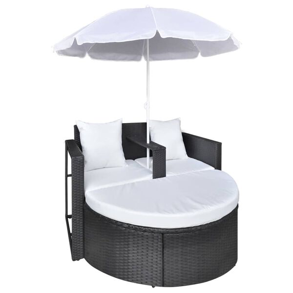 vidaXL Lit de jardin avec parasol Noir R&eacute;sine tress&eacute;e