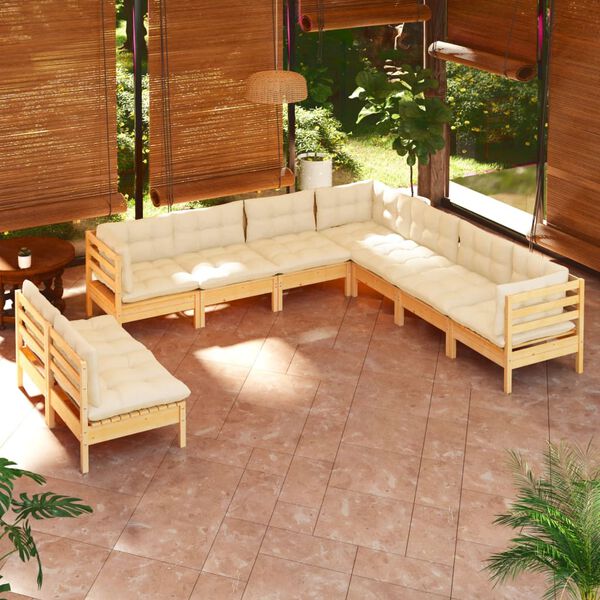 vidaXL Salon de jardin 9 pcs avec coussins cr&egrave;me bois de pin massif