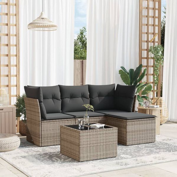 vidaXL Salon de jardin 5 pcs avec coussins gris r&eacute;sine tress&eacute;e