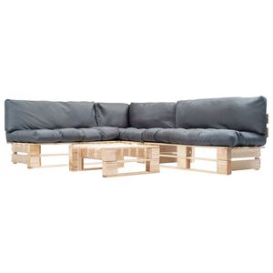 vidaXL Salon de jardin palette 4 pcs avec coussins gris bois