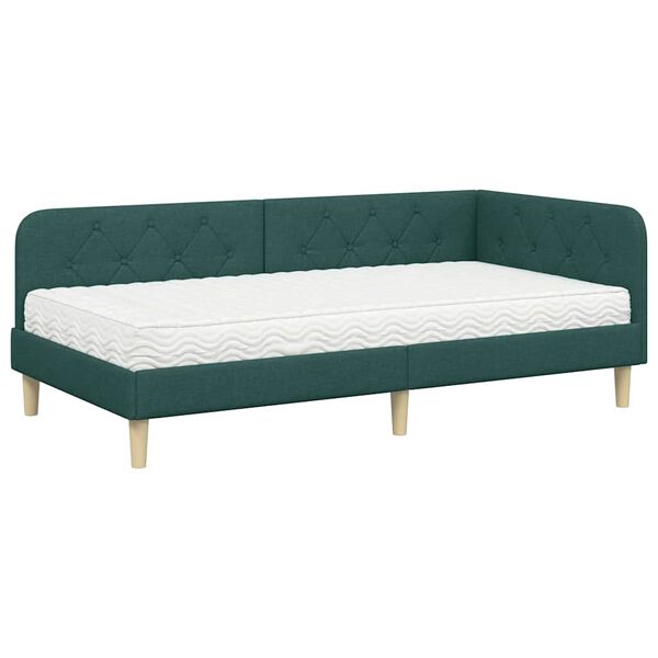 vidaXL Cadre de lit d'angle avec matelas Vert fonc&eacute; 90 x 190 cm tissu