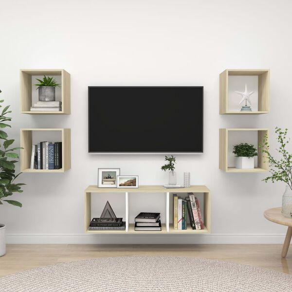vidaXL Ensemble de meubles TV 5pcs Blanc ch&ecirc;ne sonoma Bois ing&eacute;nierie