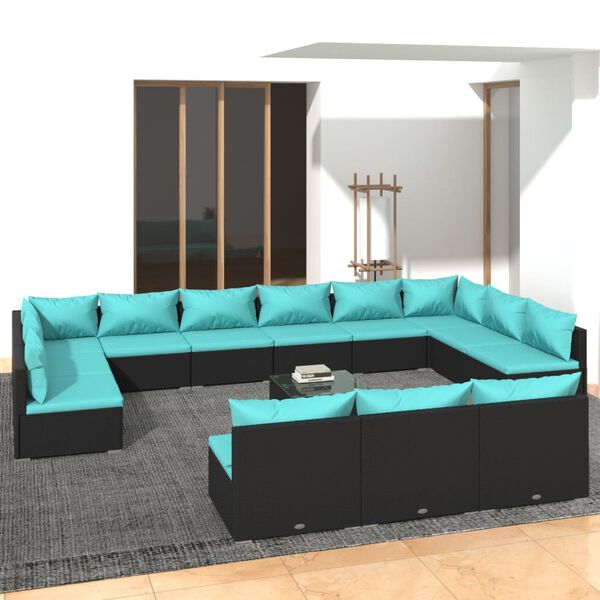 vidaXL Salon de jardin 14 pcs avec coussins Noir R&eacute;sine tress&eacute;e