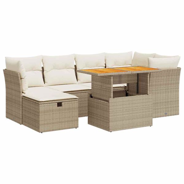 vidaXL Salon de jardin avec coussins 7 pcs beige r&eacute;sine tress&eacute;e acacia