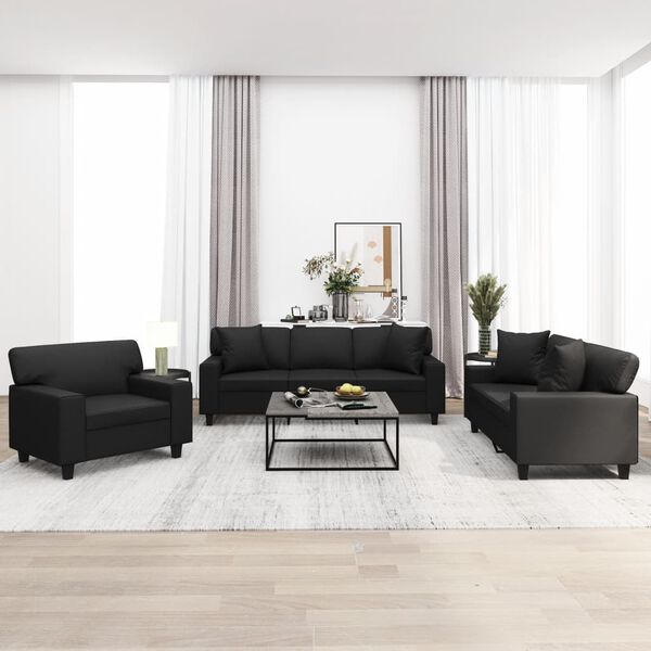 vidaXL Ensemble de canap&eacute;s 3 pcs oreillers et coussins Noir Similicuir
