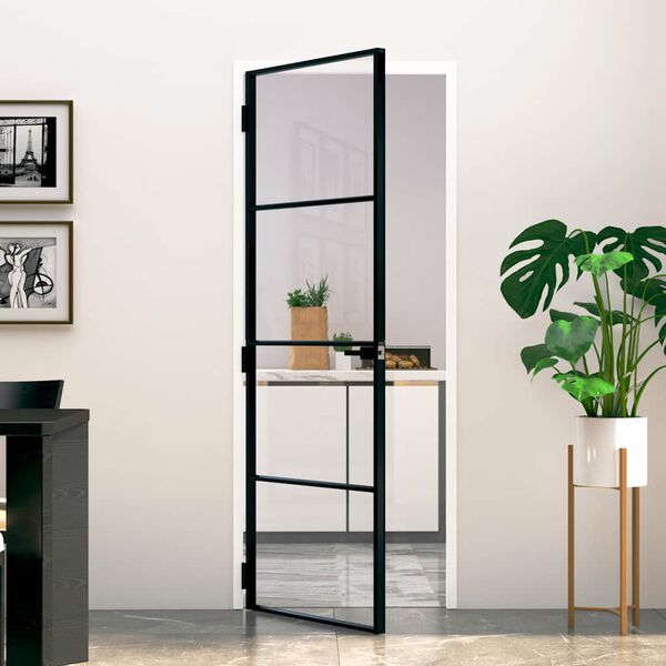 vidaXL Porte d'int&eacute;rieur Noir 76x201,5 cm Tremp&eacute; verre aluminium fin