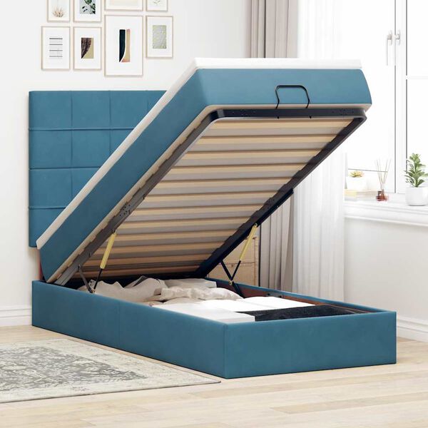 vidaXL Cadre de lit ottoman avec matelas bleu fonc&eacute; 100x200 cm velours