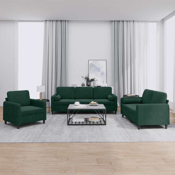 vidaXL Ensemble de canap&eacute;s 3 pcs avec coussins vert fonc&eacute; velours