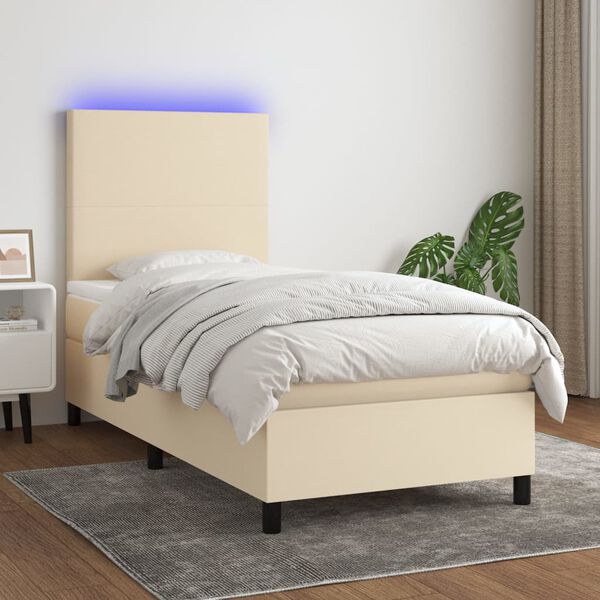 vidaXL Sommier &agrave; lattes de lit et matelas et LED Cr&egrave;me 90x200 cm Tissu