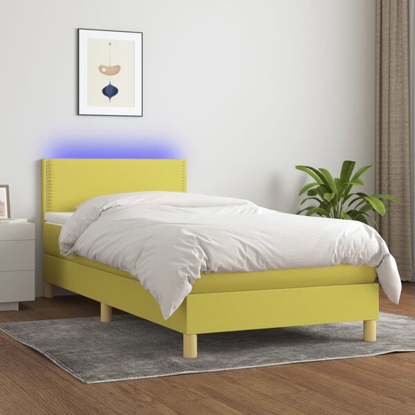 vidaXL Sommier &agrave; lattes de lit avec matelas et LED Vert 90x200cm Tissu