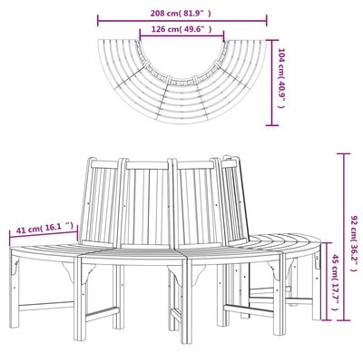 vidaXL Banc demi-circulaire tour d'arbre Ø208cm bois massif eucalyptus