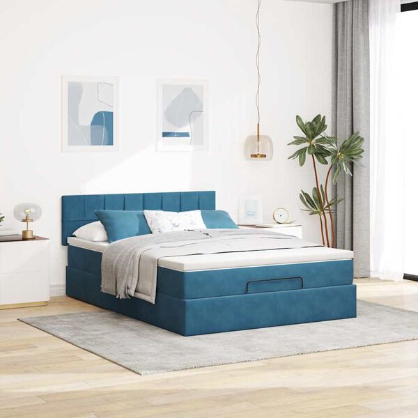 vidaXL Cadre de lit ottoman avec matelas bleu fonc&eacute; 140x200 cm velours