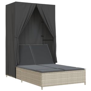 vidaXL Chaise longue double avec toit et rideaux gris clair poly rotin