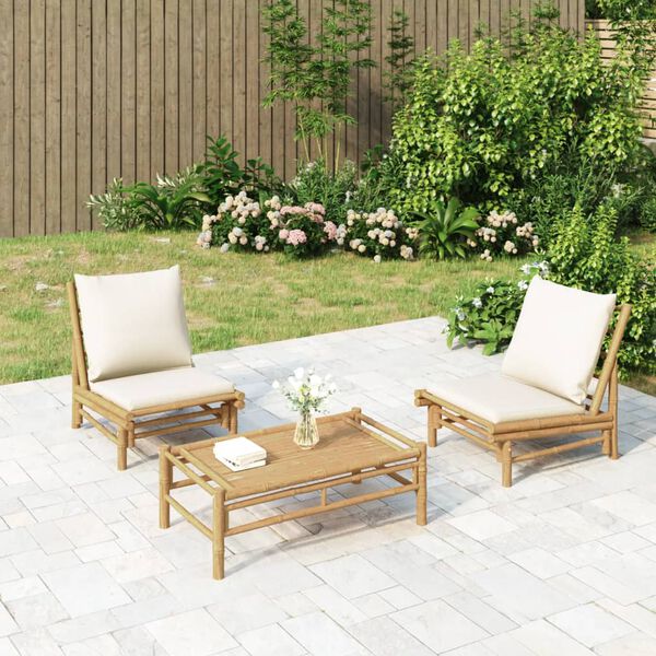 vidaXL Chaises de jardin lot de 2 avec coussins blanc cr&egrave;me bambou