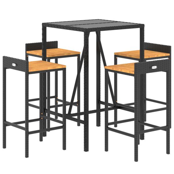 vidaXL Ensemble de bar jardin 5 pcs noir poly rotin/bois massif acacia