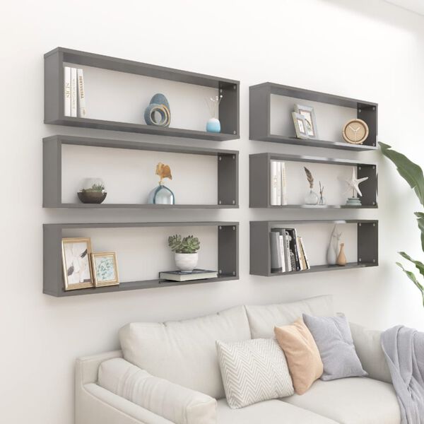 vidaXL &Eacute;tag&egrave;res cube murales 6 pcs Gris brillant 100x15x30 cm