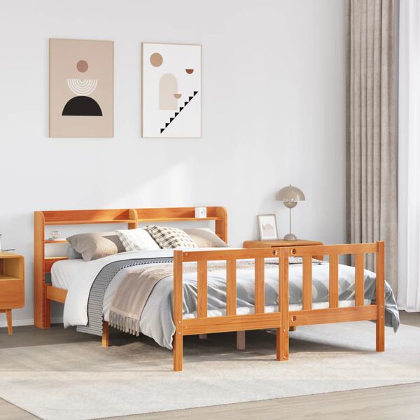 vidaXL Cadre de lit et t&ecirc;te de lit sans matelas cire marron 135x190 cm