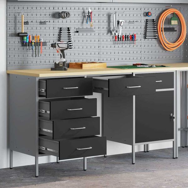vidaXL Placard de travail 3 pcs Noir Bois d'ing&eacute;nierie et acier
