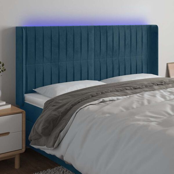 vidaXL T&ecirc;te de lit &agrave; LED Bleu fonc&eacute; 163x16x118/128 cm Velours