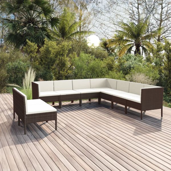 vidaXL Salon de jardin 9 pcs avec coussins r&eacute;sine tress&eacute;e marron