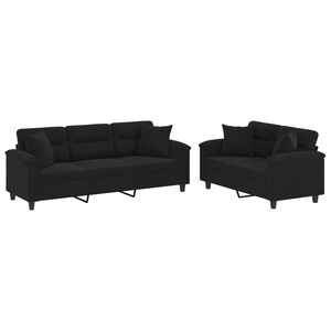 vidaXL Ensemble de canap&eacute;s 2 pcs avec coussins Noir Tissu microfibre