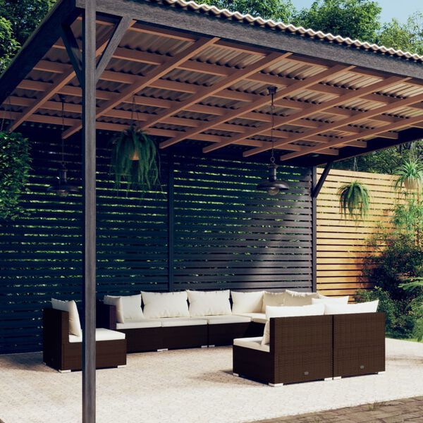 vidaXL Salon de jardin 9 pcs avec coussins r&eacute;sine tress&eacute;e marron