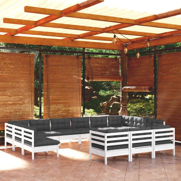 vidaXL Salon de jardin 13 pcs avec coussins blanc bois de pin