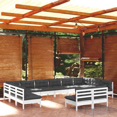 vidaXL Salon de jardin 12 pcs avec coussins blanc bois de pin solide