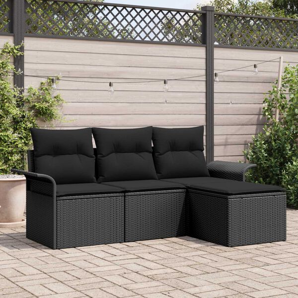 vidaXL Ensemble de canapé de jardin avec coussin 4 pcs Noir Poly rotin