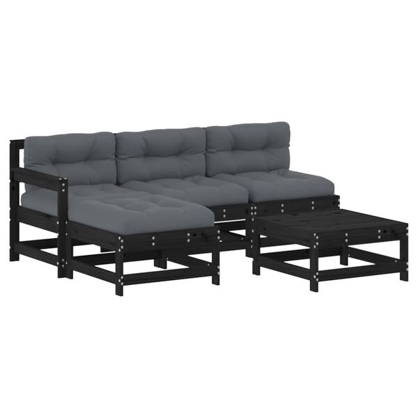 vidaXL Salon de jardin 5 pcs avec coussins noir bois massif