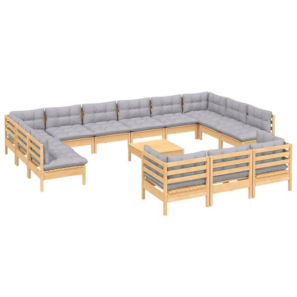 vidaXL Salon de jardin 14 pcs avec coussins gris Bois de pin
