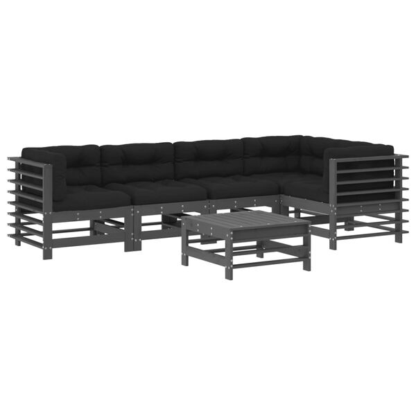 vidaXL Salon de jardin 6 pcs avec coussins gris bois massif