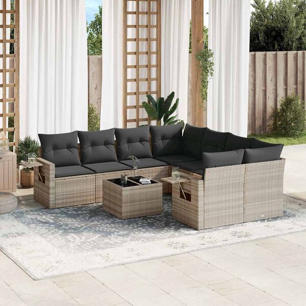 vidaXL Salon de jardin 9 pcs avec coussins gris clair r&eacute;sine tress&eacute;e