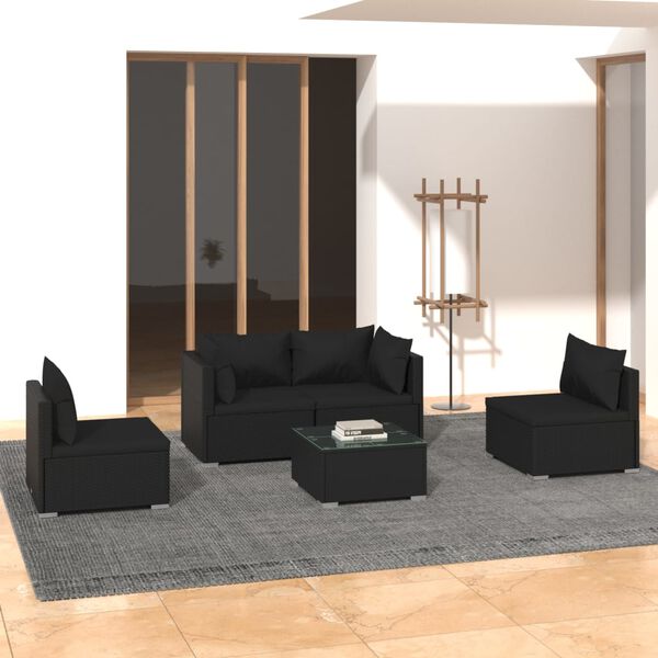 vidaXL Salon de jardin 5 pcs avec coussins R&eacute;sine tress&eacute;e Noir