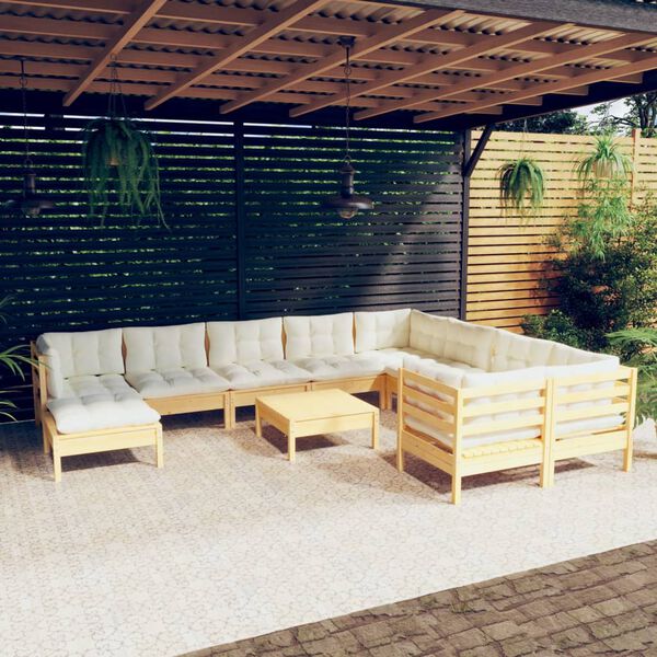 vidaXL Salon de jardin 11 pcs avec coussins cr&egrave;me bois de pin