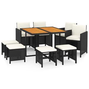 vidaXL Ensemble &agrave; manger de jardin coussins 9pcs R&eacute;sine tress&eacute;e Noir