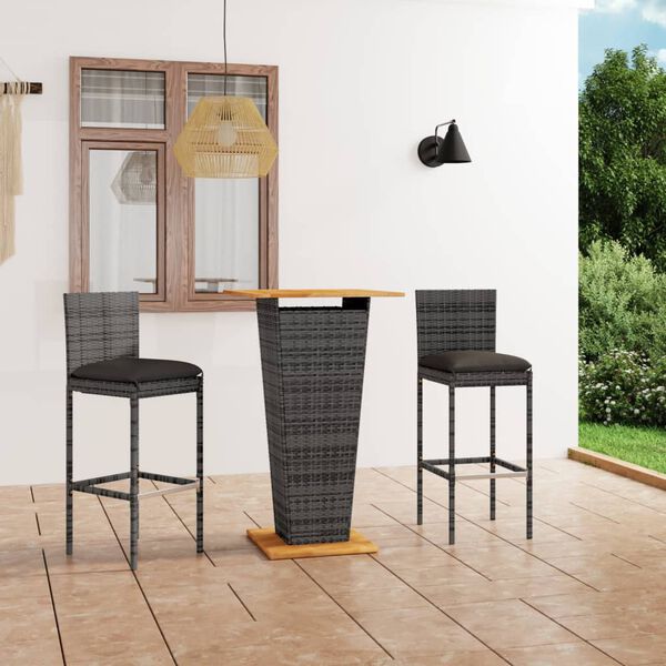 vidaXL Ensemble de bar de jardin 3 pcs et coussins R&eacute;sine tress&eacute;e Gris