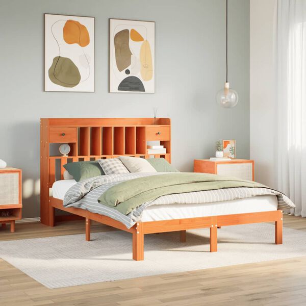 vidaXL Lit biblioth&egrave;que sans matelas cire marron 135x190 cm pin massif
