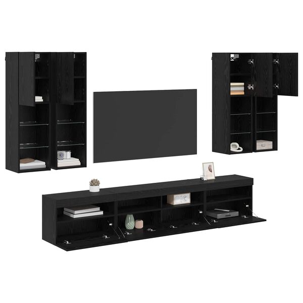 vidaXL Ensemble de meuble TV mural avec &eacute;clairage LED 7 pcs Ch&ecirc;ne noir