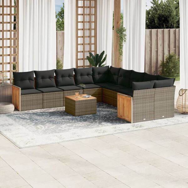vidaXL Salon de jardin 11 pcs avec coussins gris r&eacute;sine tress&eacute;e
